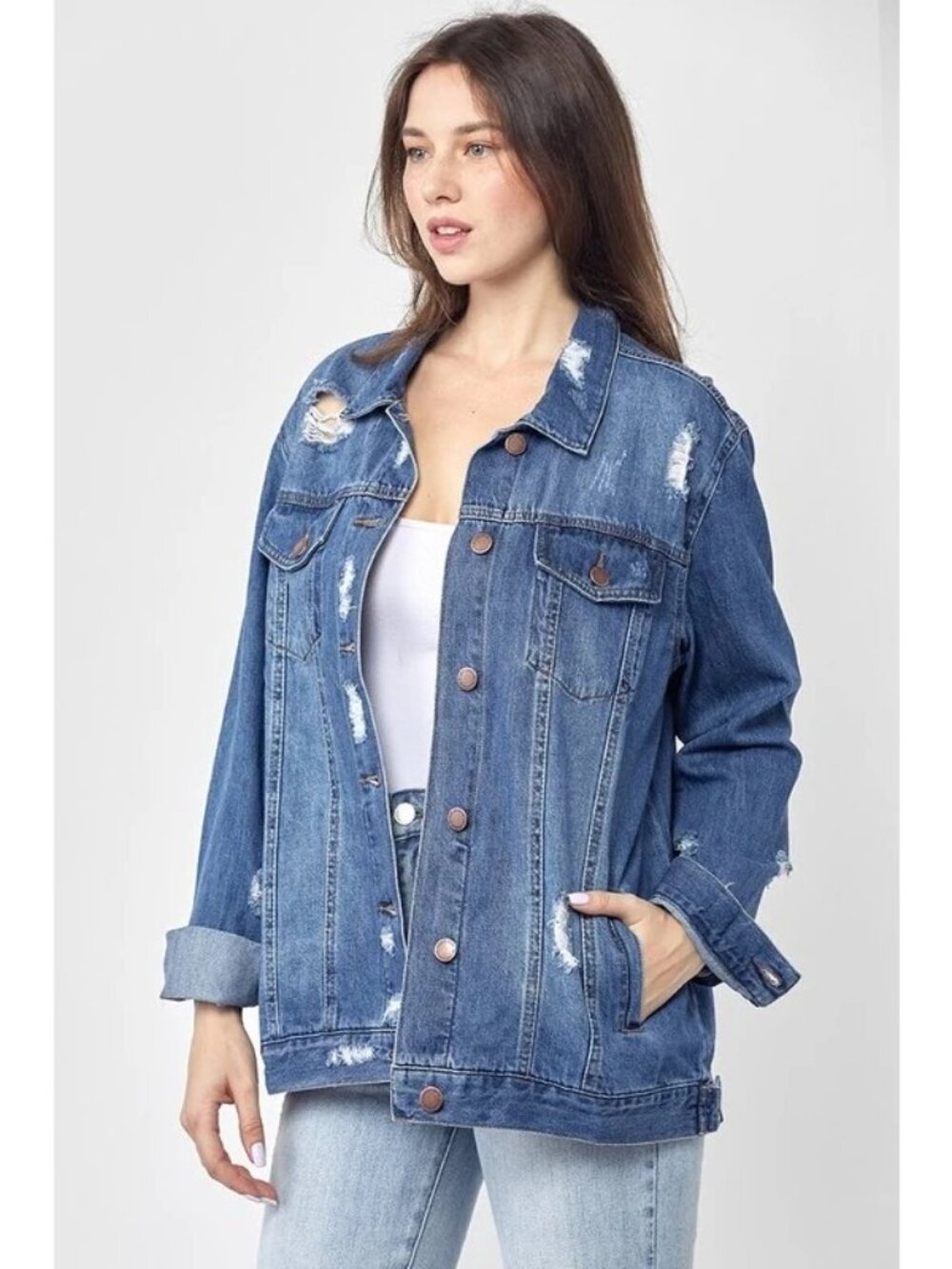 Womens Trucker Jacket Size Medium Distressed Blue Button Front Pockets Rrayed Ed